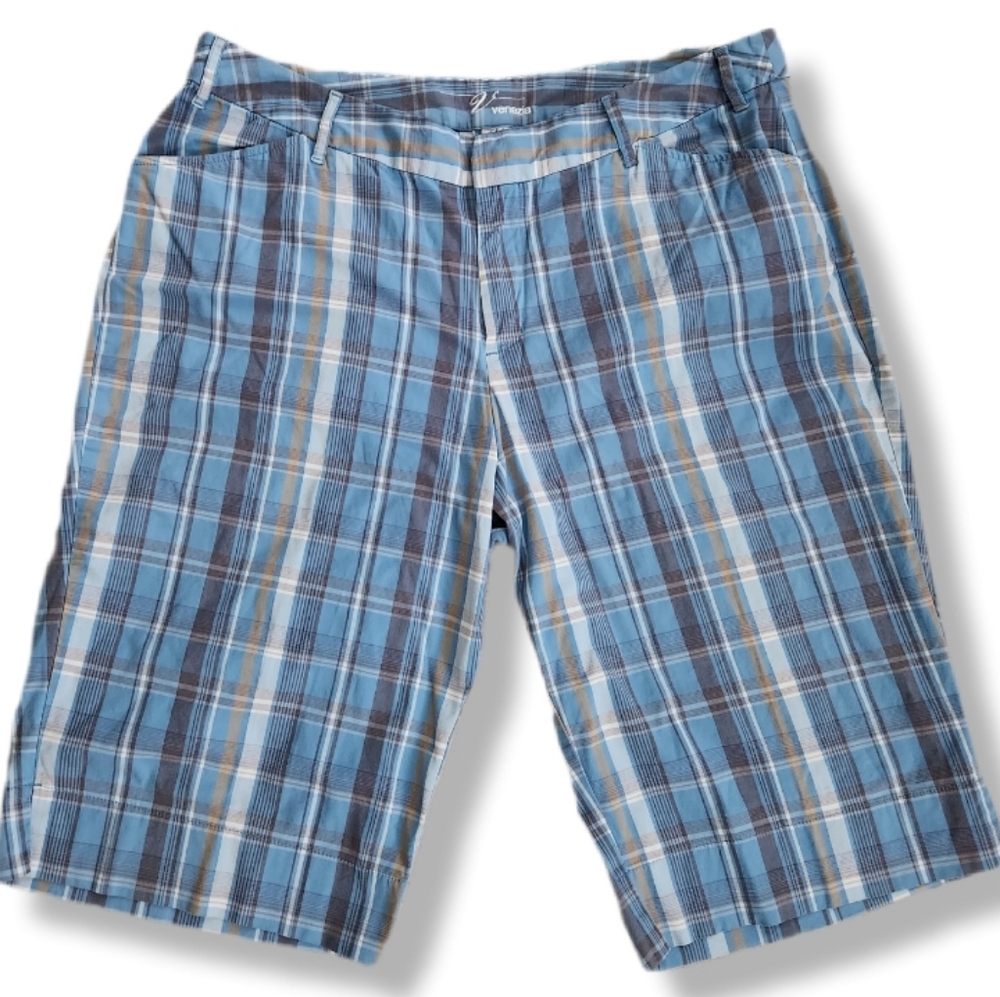 Venezia Women's Flat Front Blue Plaid Stretch Shorts 14" Length Size 20